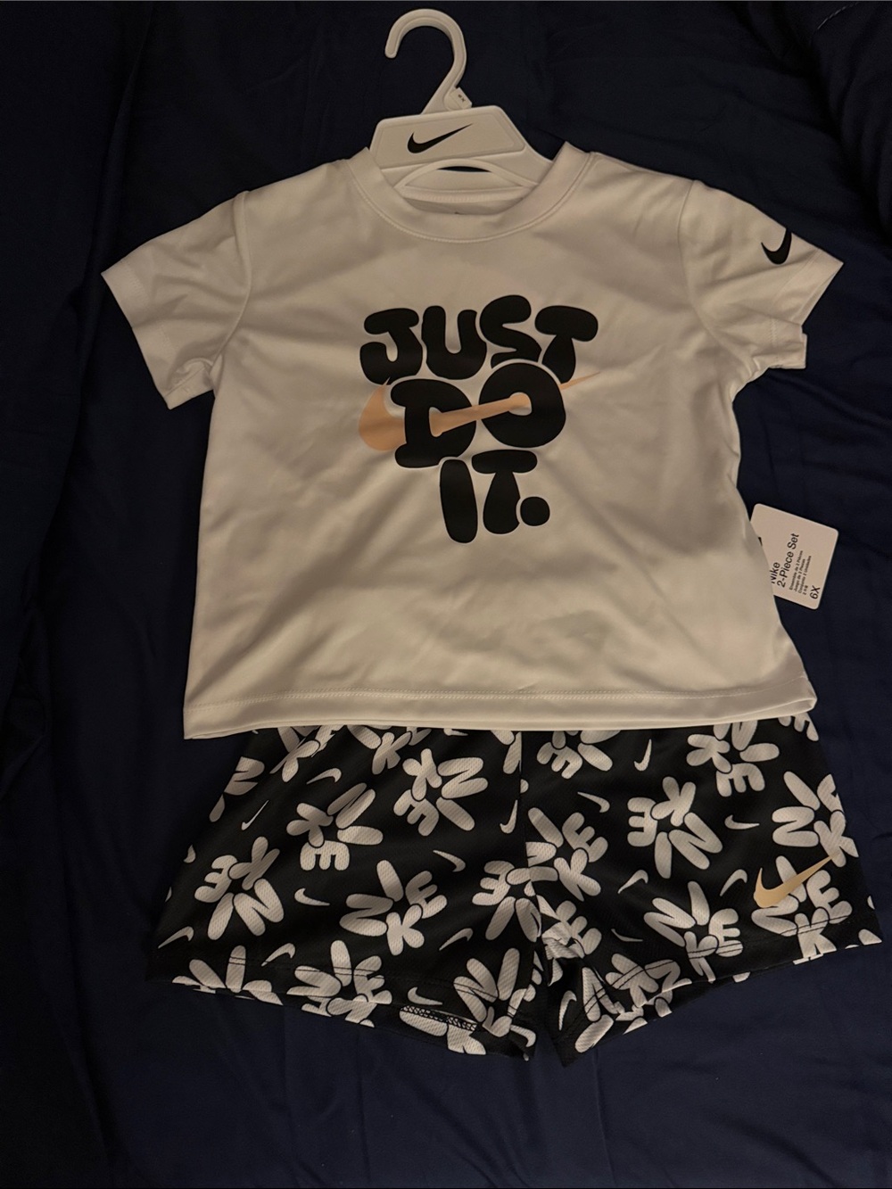 Nike White Short Sleeve 'Just Do It.' Tee with Black Floral Shorts Set - Picture 1 of 6
